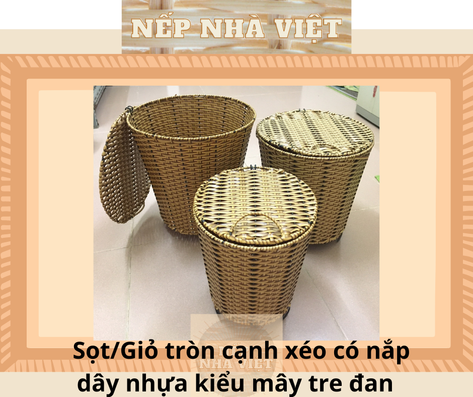Sọt/giỏ tròn cạnh xéo có nắp làm từ dây nhựa kiểu mây tre lá đan đủ size
