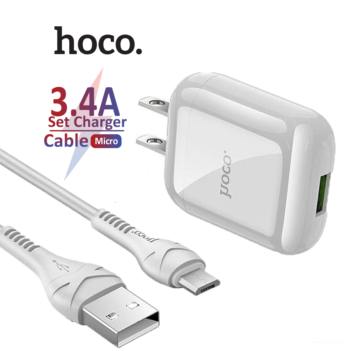 Combo cốc sạc và cáp sạc Hoco HK2 Micro hỗ trợ sạc nhanh 3.4A được thiết kế với chân sạc dạng dẹt