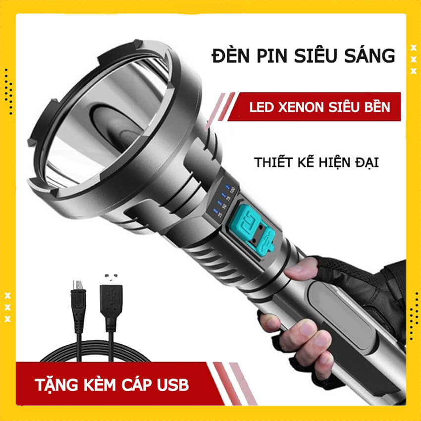 Đèn pin siêu sáng cầm tay cáp sạc micro USB chiếu xa 500m, đèn pin siêu sáng, đèn pin cầm tay, đèn pin sạc điện đa năng