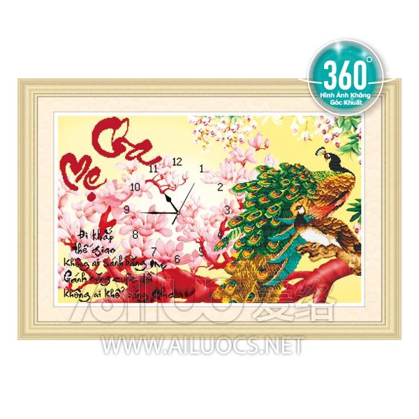 Tranh đính đá đồng hồ cha mẹ con công 77335