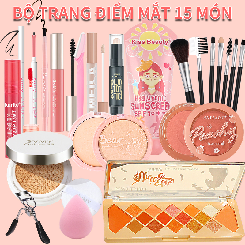 [HCM]Bộ mỹ phẩm 15 món sét trang điểm học make up cơ bản Kem BB+Chì kẻ mày+kẻ mắt+Mascara+bút tạo khối 2 đầu+Son kem lì+Phấn má hồng+kẹp bấm mi+Dao tỉa lông mày+Bộ cọ trang điểm+Kem che khuyết điểm bộ makeup đầy đủ set