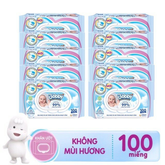 🎃 HCM👉 Combo 10 gói khăn giấy ướt Bobby không mùi 100 tờ  / có mùi loại 100 tờ / không mùi 80 tờ  ( hsd : 2025 - 2026 )