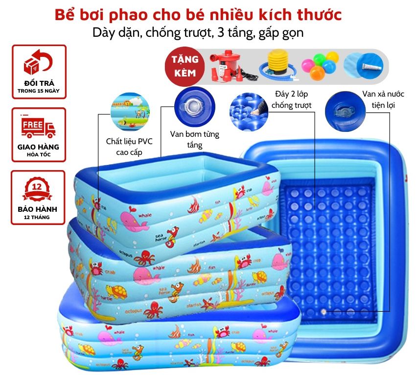 Bể bơi KAW, hồ bơi khổng lồ, hồ bơi phao cho bé 3 tầng, nhiều kích thước, hàng loại 1 dày dặn , chống trượt, an toàn cho bé