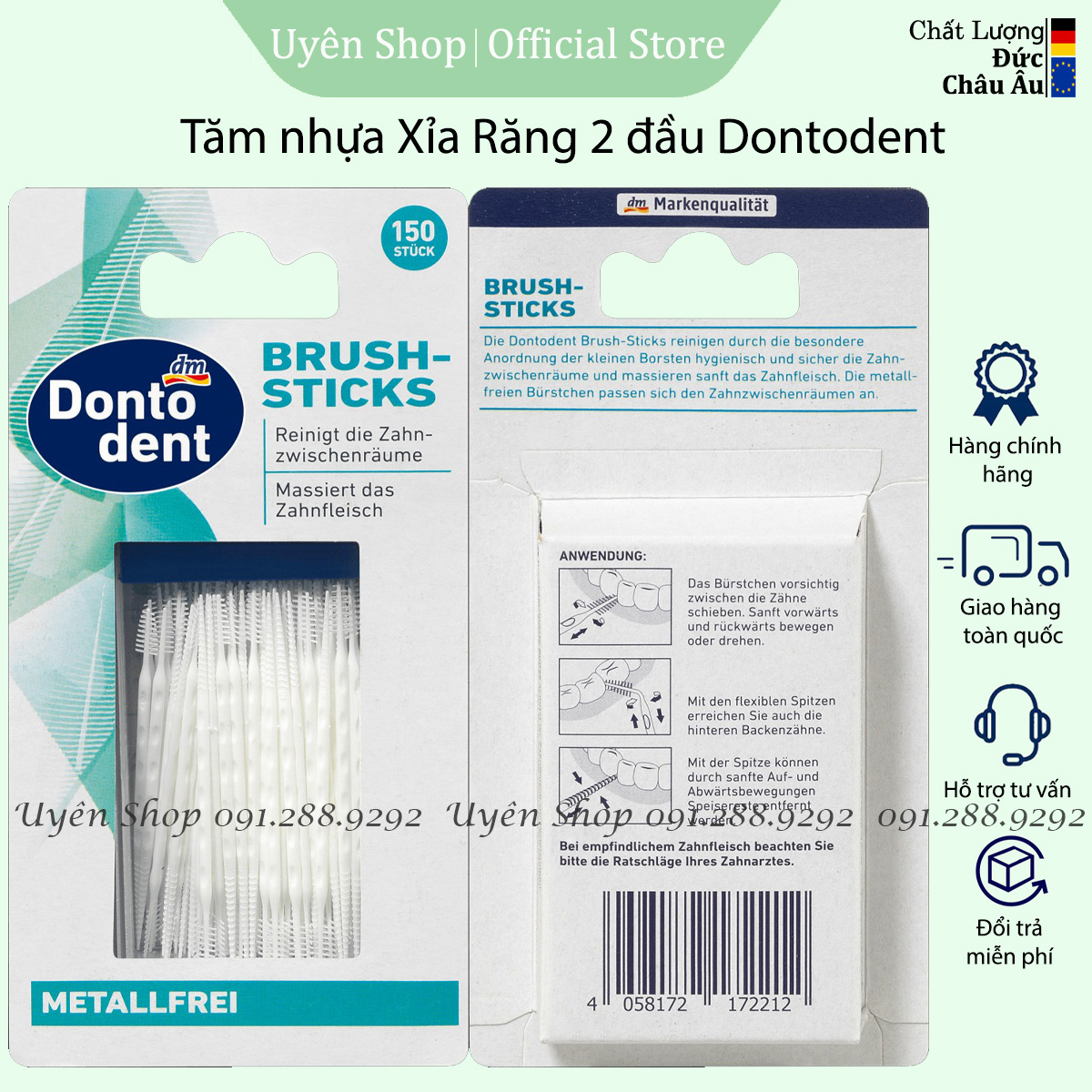 Tăm Xỉa Răng Nha Khoa Dontodent HÀNG ĐỨC 2 đầu, Làm Sạch Kẽ Chân Răng, Bảo Vệ Nướu, hộp 150 chiếc