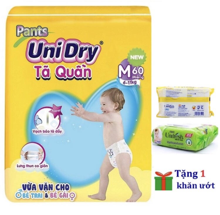 Tã quần unidry m60- l 54- xl 48 - xxl 44 miếng tặng 1 bịt khăn ướt 80 miếng