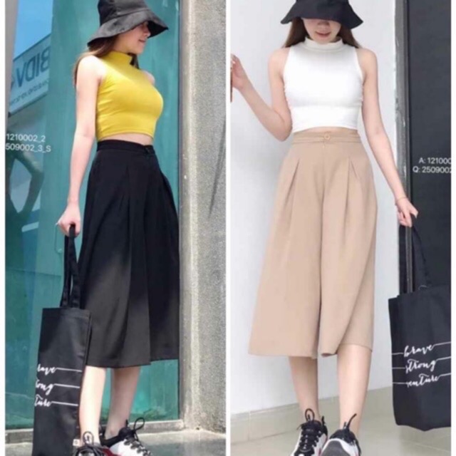 Quần Ống Rộng Giả Váy Chất Đũi Lửng