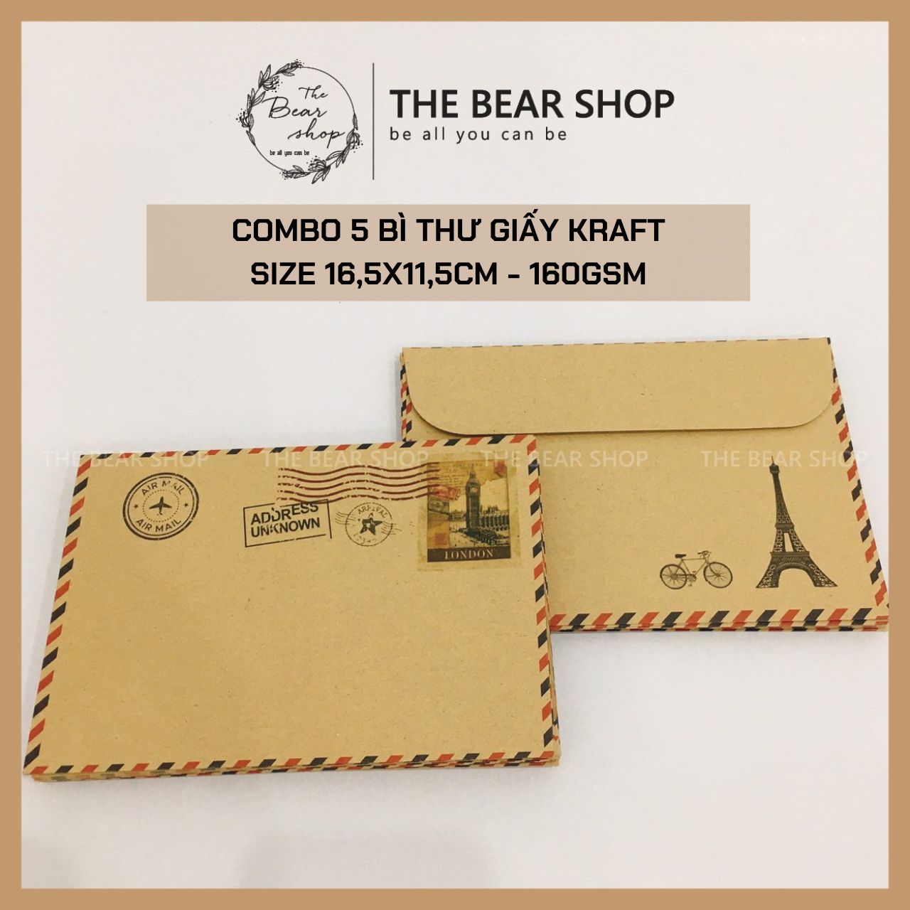Set 5 Bì Thư Giấy Karft Phong Cách Vintage Hàng Loại 1 Chất Lượng Cao - The Bear Shop