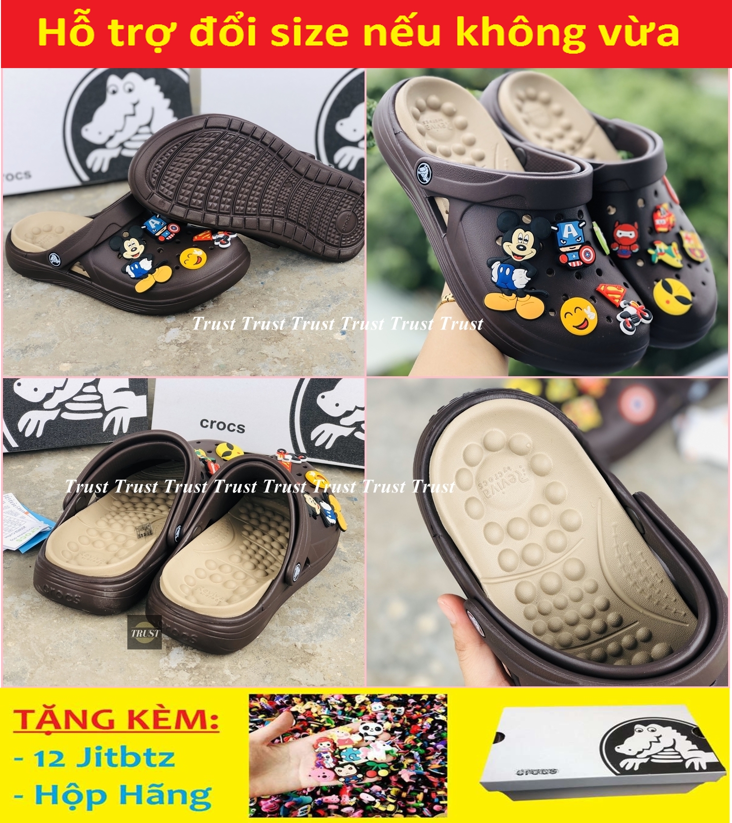 Dép sục Crocs REVIVA đế mát xa quai ngang nam nữ màu nâu, cá tính siêu nhẹ đi mưa đi nắng thoải mái chống trơn trượt, có nhiều lỗ thoát hơi thông thoáng, tặng kèm 12 jitbitz và hộp hãng - có hình thật và video