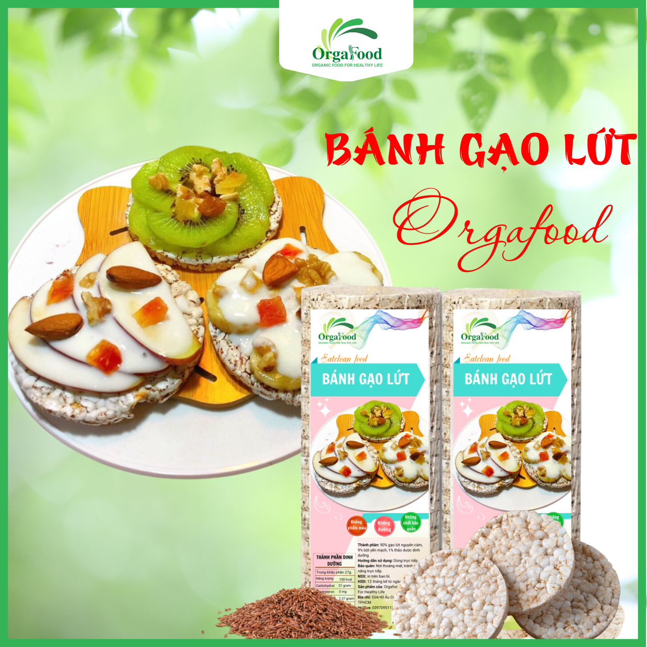 Bánh gạo lứt ăn kiêng Hello rice, bánh gạo lức nguyên hạt Orgafood Eat clean cho người ăn kiêng