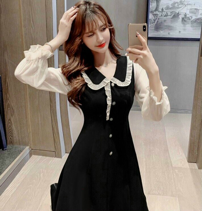 Đầm Xòe Tay Dài Phối Voan Họa Tiết Cổ Phối Bèo Cánh Bướm Tiểu Thư Siêu Xinh