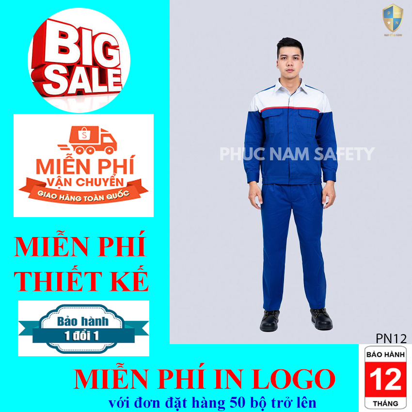 Bộ quần áo bảo hộ lao động, quần áo bảo hộ lao động màu xanh dương phối ghi sáng – PN12, quần áo bảo hộ chất lượng, quần áo bảo hộ lao giá rẻ, đồng phục kỹ sư, đồng phục công ty, bảo hộ lao động Phúc Nam