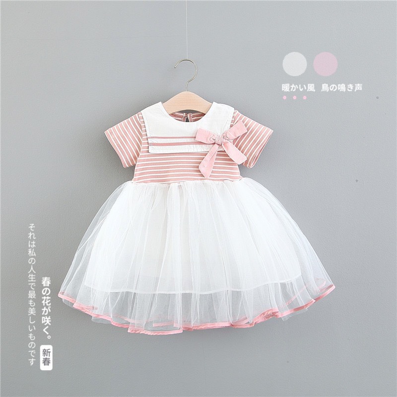 Váy công chúa cotton kẻ phối nơ điệu đà chất cotton cực mát cho bé gái hè 2020, váy đầm bé gái. váy bé gái