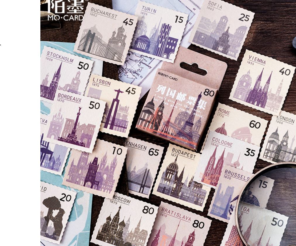 Hộp 45 sticker trang trí sổ bullet journal retro cổ điển - Country Stamp