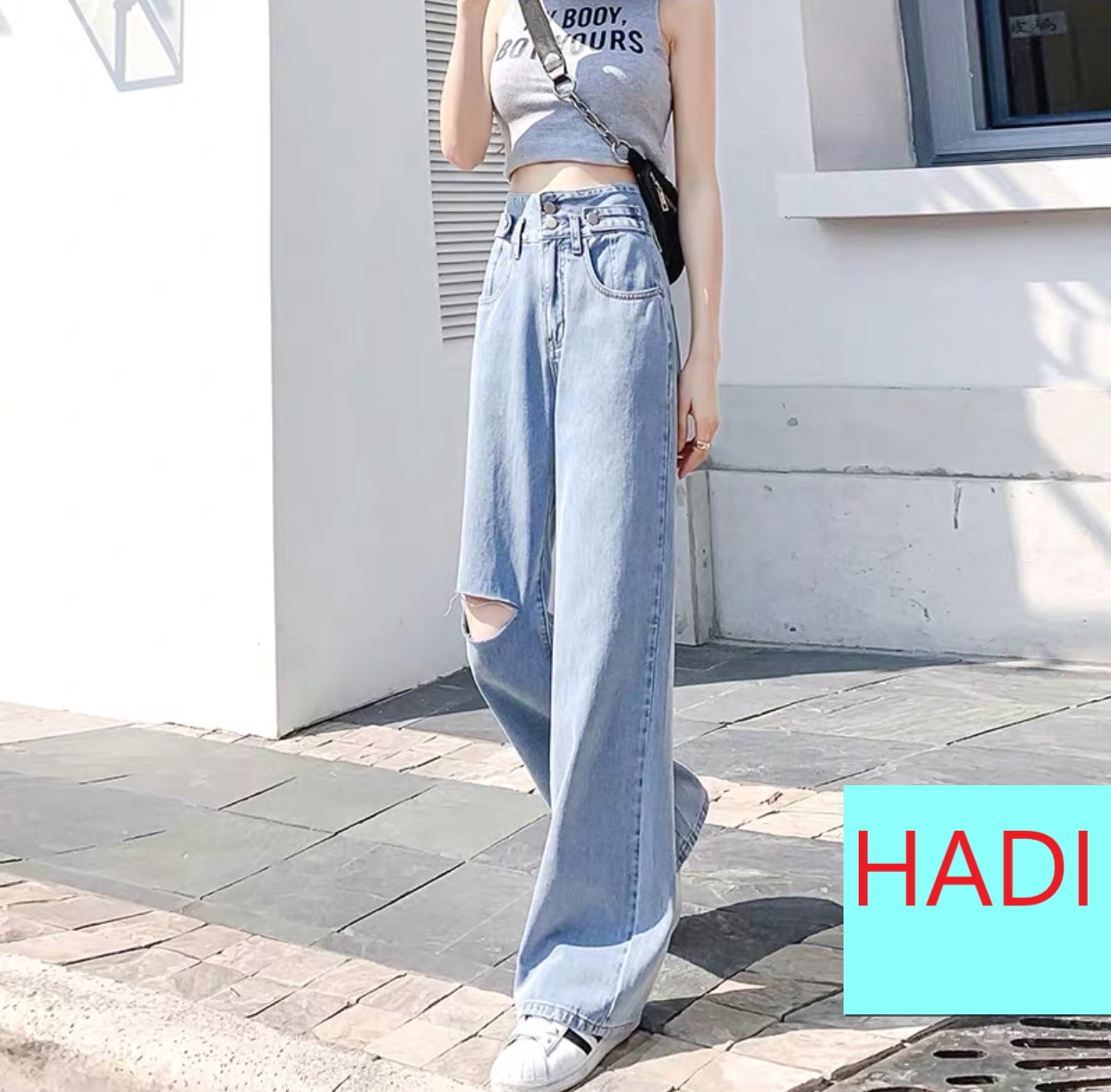 [ FREESHIP ] QUẦN JEAN ỐNG RỘNG NỮ LƯNG CAO MÀU XANH NHẠT 2 NÚT PHỐI 2 ĐAI CAO CẤP HADI RÁCH GỐI PHẢI