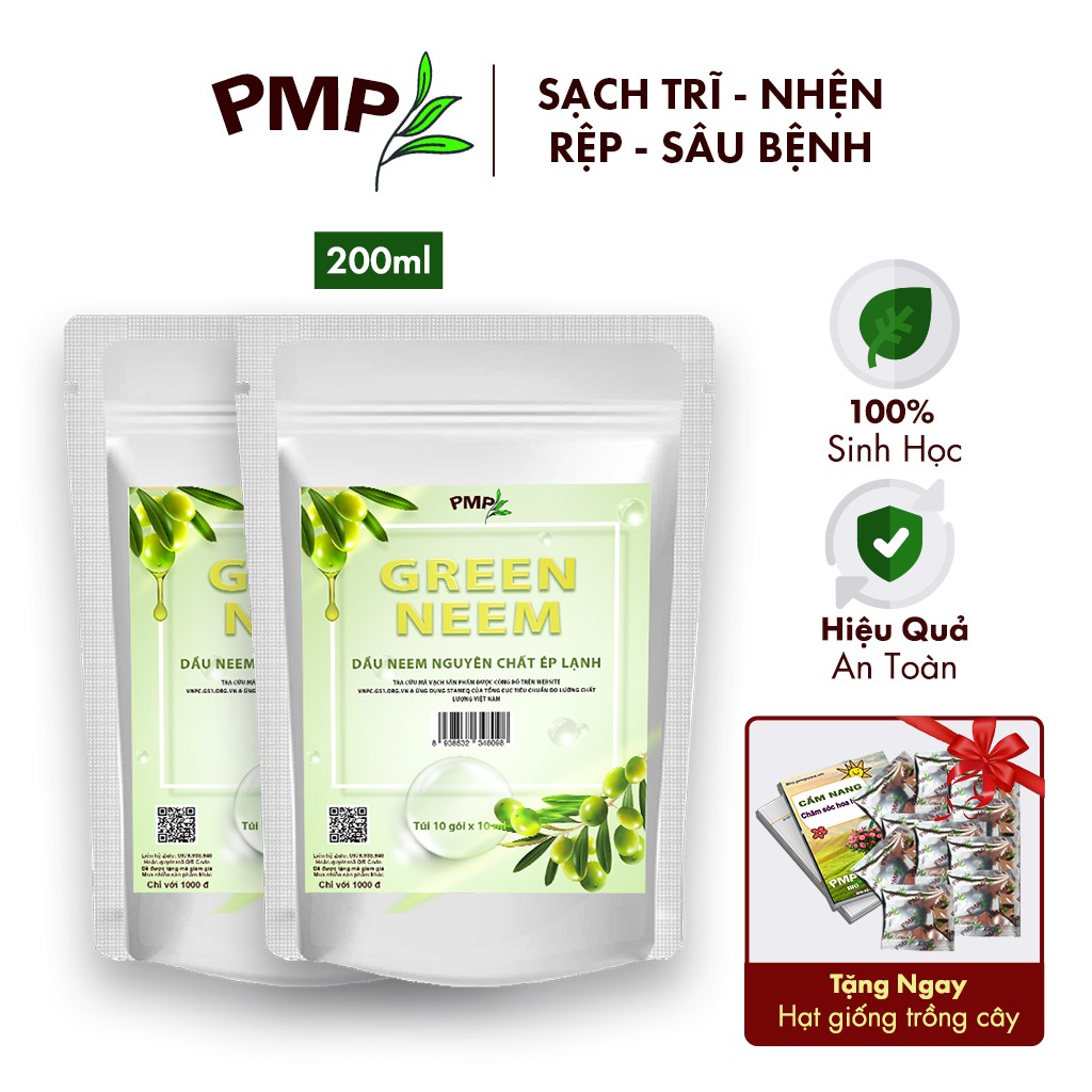 Combo 2 Túi Dầu Neem Oil Hữu Cơ PMP Nguyên Chất Loại Bỏ Rệp, Nhện Đỏ, Nấm, Sâu Bệnh Cho Hoa Hồng, Rau Sạch Green Neem