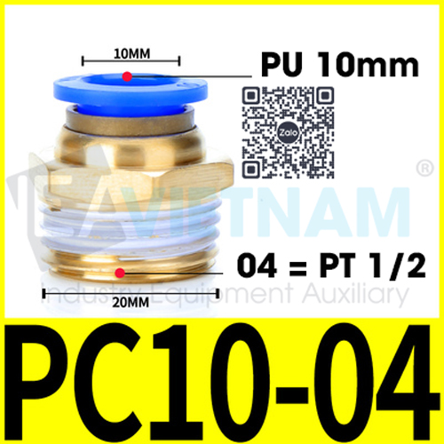 10 đầu nối khí nén nhanh PC 10-04 dây hơi 10 mm ren ngoài 21mm (10 pcs)