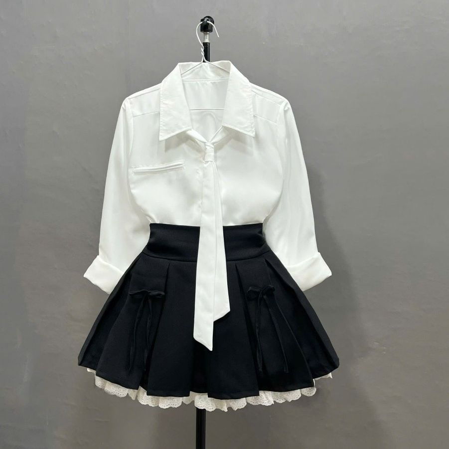 Set váy áo bigsize nữ sơ mi kiểu tay dài kèm chân váy xếp ly phối ren chất vải tây thanh lịch - SET973