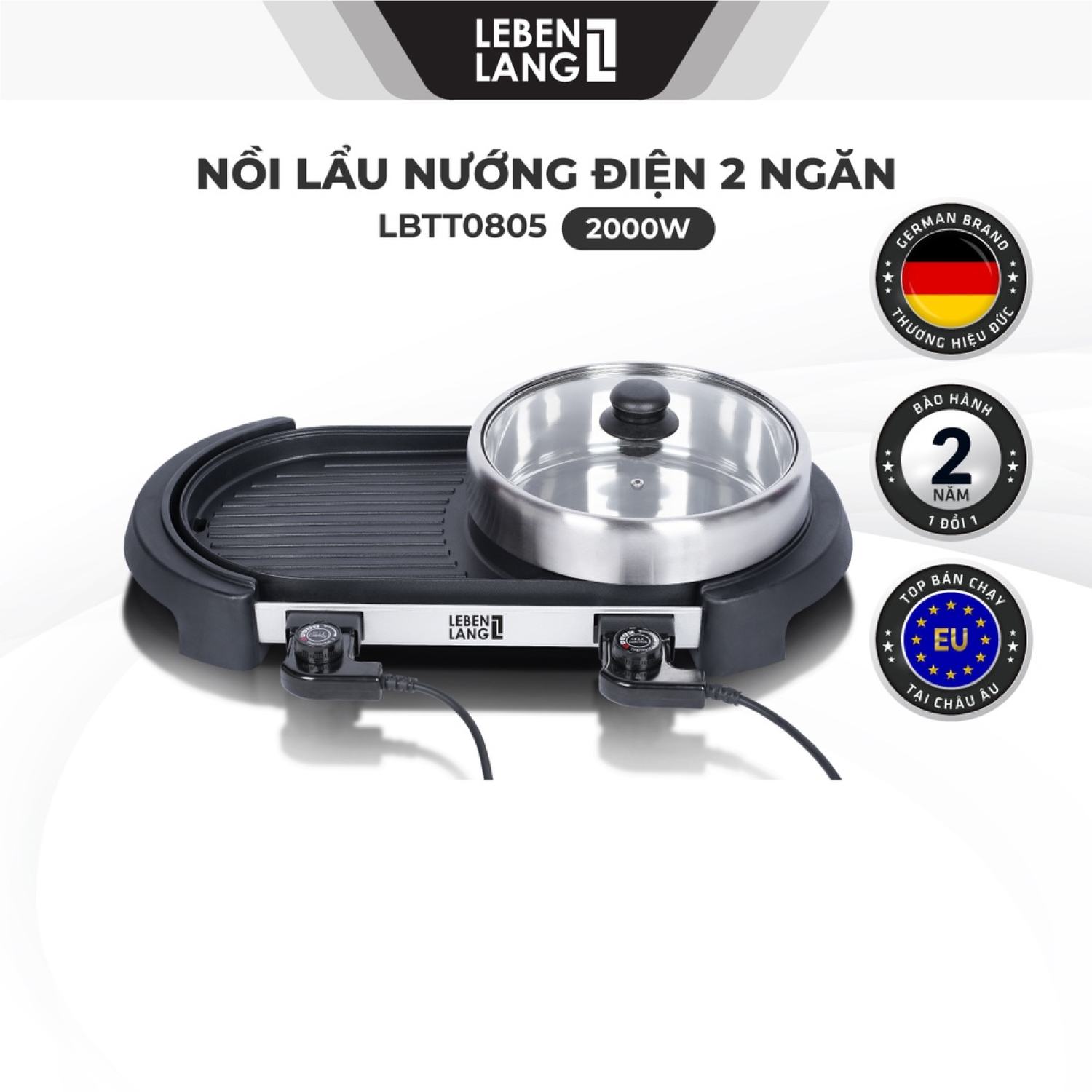 Nồi lẩu điện - nồi lẩu điện đa năng, nồi lẩu điện gia đình, nồi lẩu điện 2 ngăn lebenlang lbtt0805, bếp lẩu nướng 2in1 lớn công suất 2000w, tiện lợi vừa nướng vừa nấu, đa chức năng nấu lẩu, chiên xào, nướng…nhanh