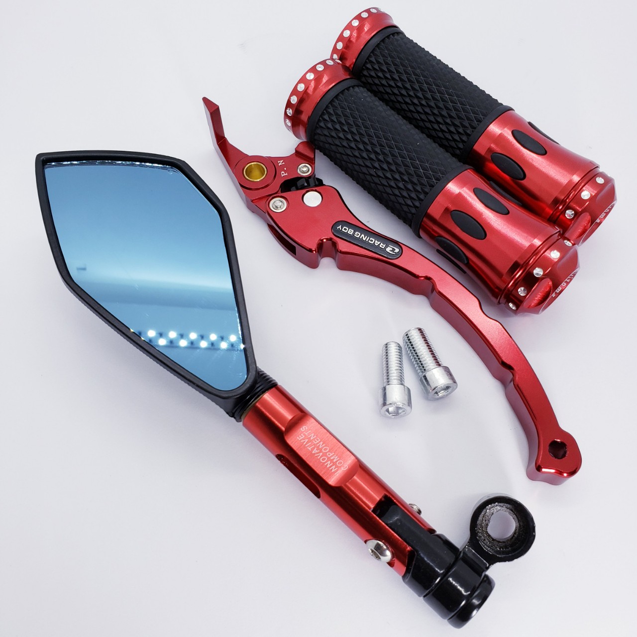 COMBO Bao tay RIZ0MA, tay thắng đĩa rcb xe máy, gương chiếu hậu RIZOMA 5 cạnh cao cấp dùng cho xe sirius, wave, dream,...,màu đỏ, ONE RACING