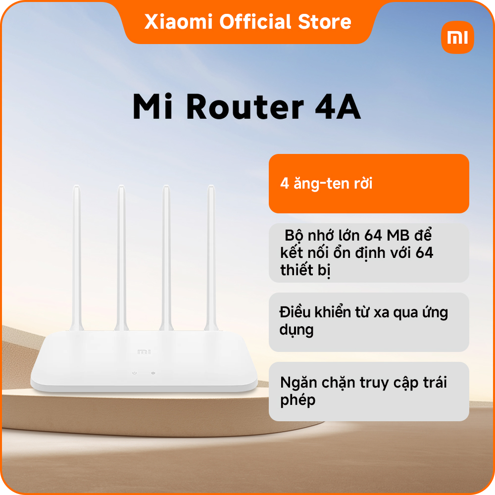 Mi Router 4A | 4 ăng-ten rời | Bộ nhớ lớn 64 MB để kết nối ổn định với 64 thiết bị* | Điều khiển từ xa qua ứng dụng | Ngăn chặn truy cập trái phép