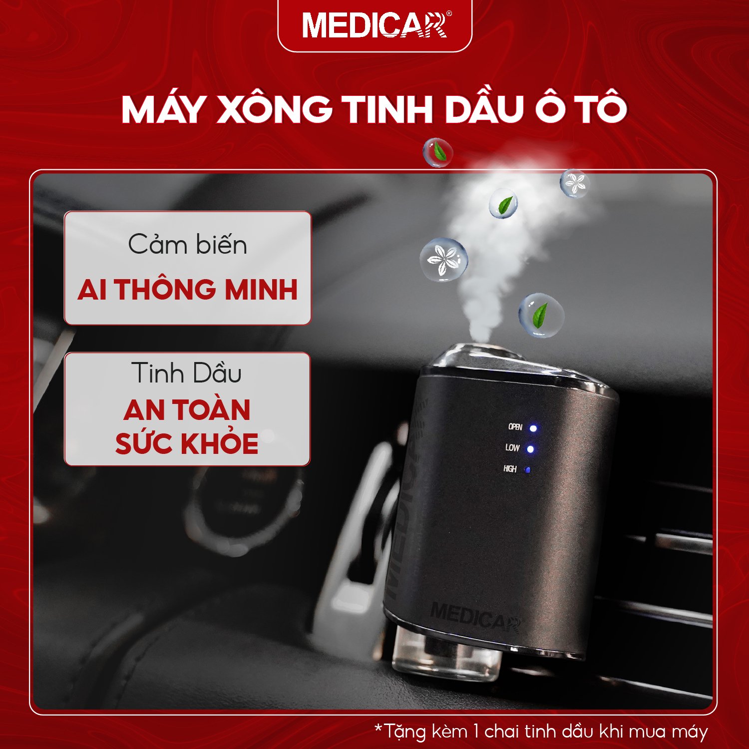 Máy xông tinh dầu ô tô MEDICAR,khuếch tán tinh dầu, nước hoa xe hơi làm thơm xe, khử mùi xe hơi Tặng Kèm Tinh Dầu Bảo Hành 1 đổi 1
