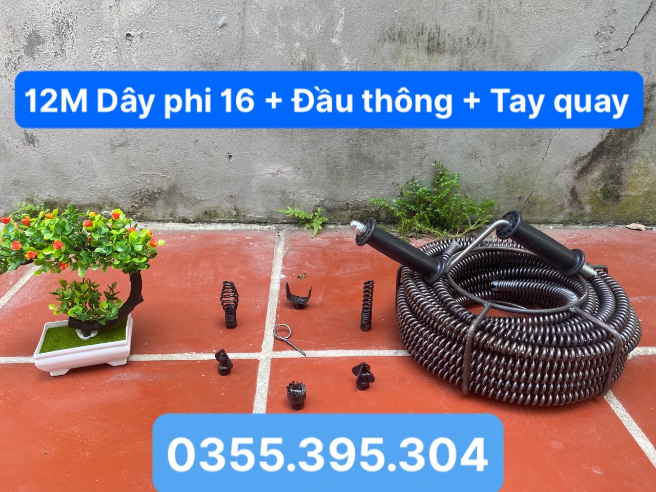 Dây thông tắc cống lò xo dùng tay quay dài 12m + 6 đầu thông + tay quay