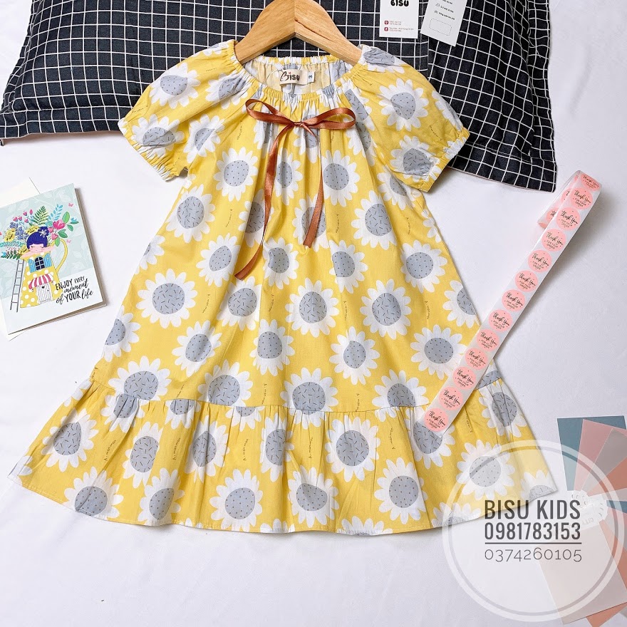 Váy bé gái mùa hè, váy bé gái dáng xoè họa tiết hoa hướng dương chất liệu thô cotton cao cấp đủ size cho bé từ 1-10 tuổi
