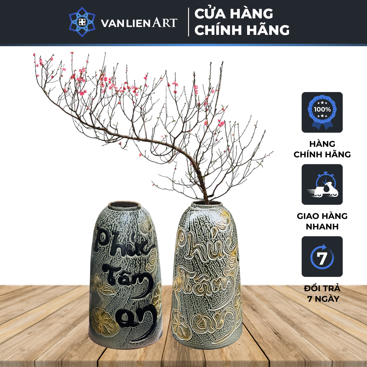 Bình gốm Bát Tràng dáng chuông thon cao 42cm khắc chữ phúc tâm an | Vạn Liên Art