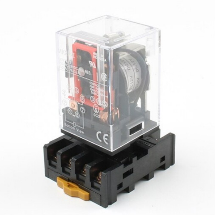 Rơ le trung gian MK2P-I relay kính trắng trong 8 chân tròn điện áp 220VAC, 24VDC, 12VC giá rẻ tặng kèm chân đế PF083A