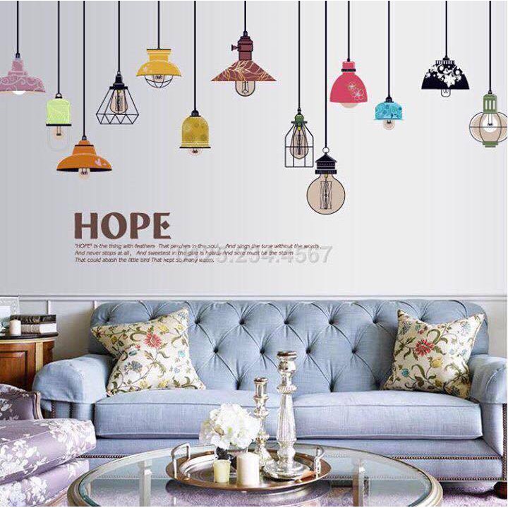 Decal dán tường Dây đèn thả tranh dán tường trang trí nhà cửa dây đèn thả chữ HOPE