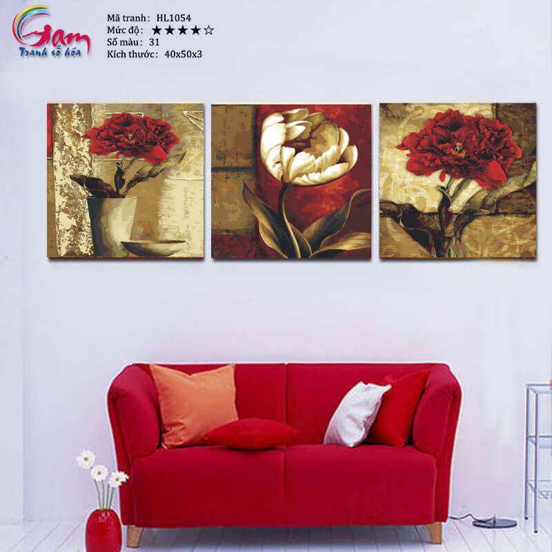 Tranh treo tường tự tô màu theo số sơn dầu số hóa Gam Bộ 3 bức hoa cổ HL1054