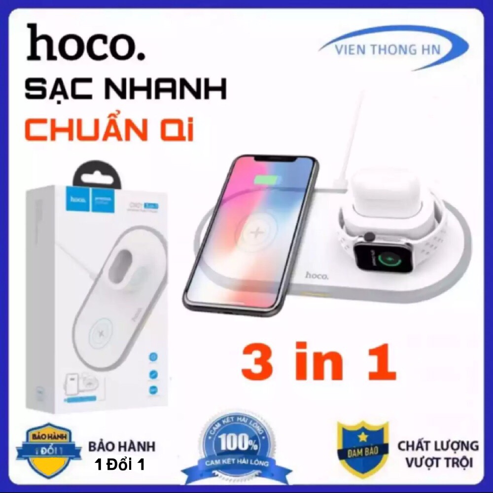 Đế sạc không dây sạc nhanh Qi đa năng 3 in 1 Hoco CW21 max 10W dành cho IP  Apple Watch  Airpods