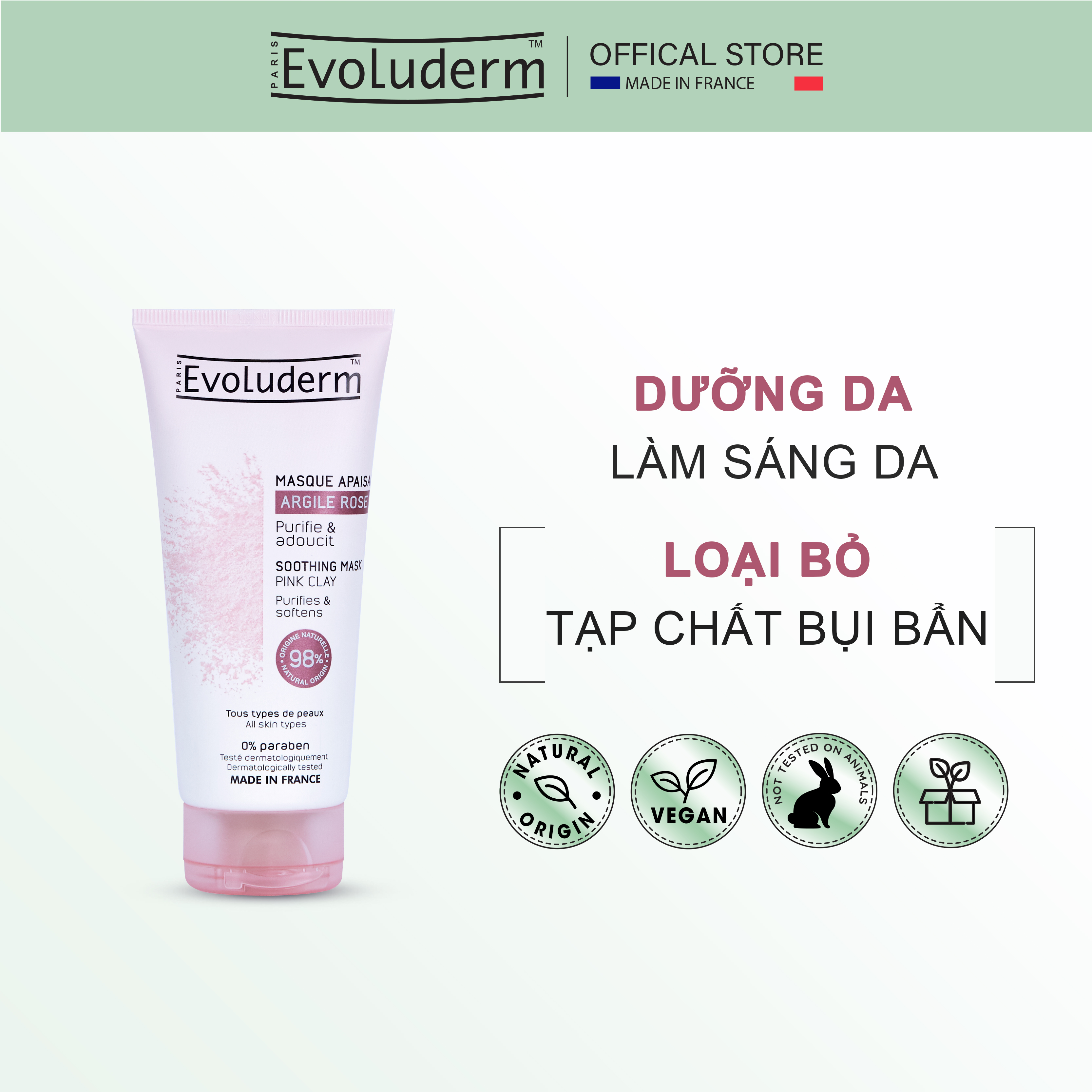 Mặt nạ làm dịu da Evoluderm tinh chất đất sét hồng 100ml - 98% thành phần tự nhiên