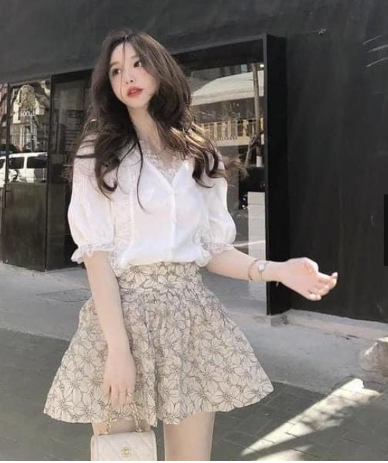 Set Áo Ren Phối Hoa Mix Chân Váy 2 Lớp