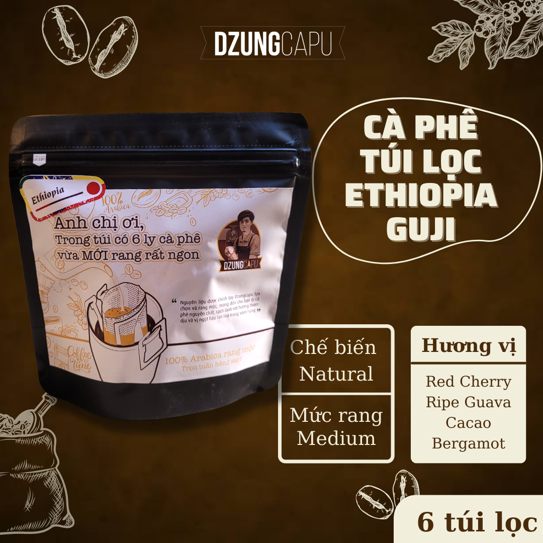 Cà phê túi lọc Ethiopia Guji rang mộc nguyên chất - Gói 6 túi lọc thơm ngon - Cà phê DzungCapu