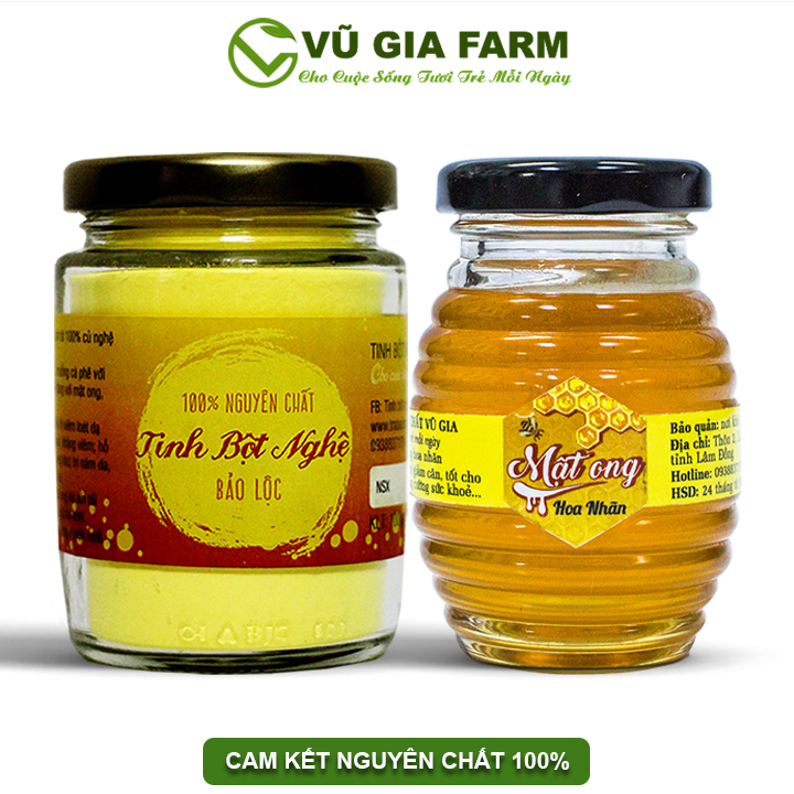 Combo Tinh Bột Nghệ 100g +  Mật Ong Hoa Nhãn 100ml - Nguyên Chất Vũ Gia - Cải thiện dạ dày, tiêu hóa, hỗ trợ đắp mặt nạ dưỡng da, tẩy tế bào chết, xóa mờ thâm nám tàn nhang - Đã được kiểm nghiệm y tế