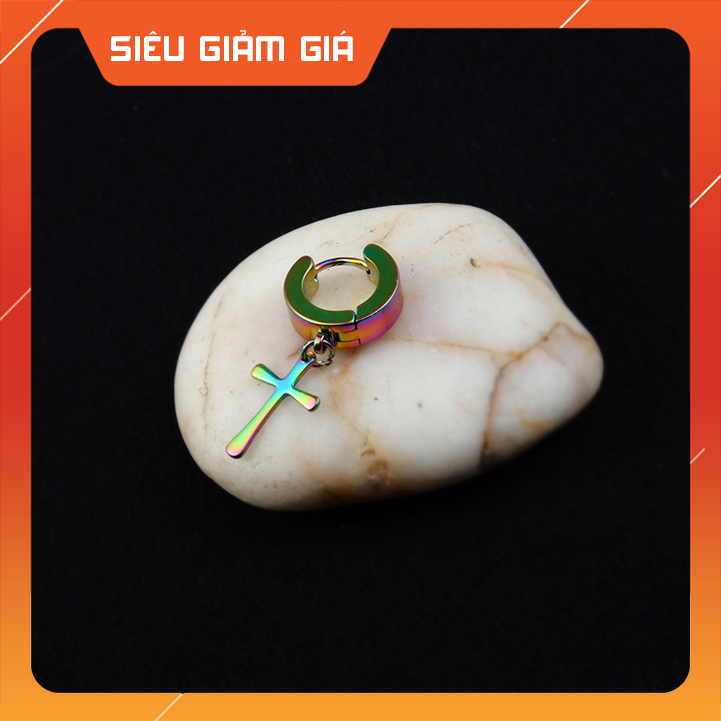 Khuyên Tai Nam Titan Tròn Chữ Thập Phong Cách Hàn Quốc