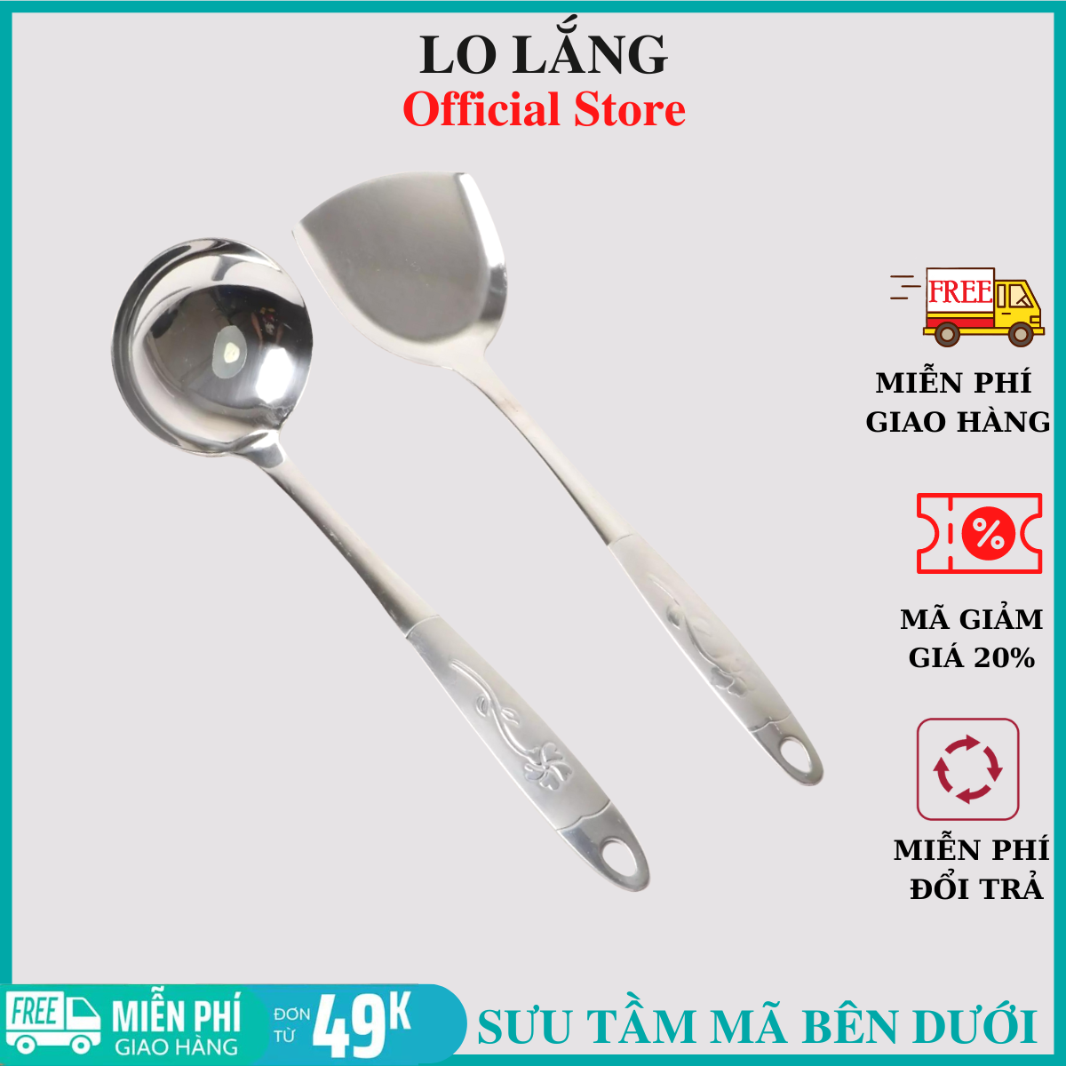 Vá múc canh và xẻng cán đặc inox 304 cán hoa cao cấp