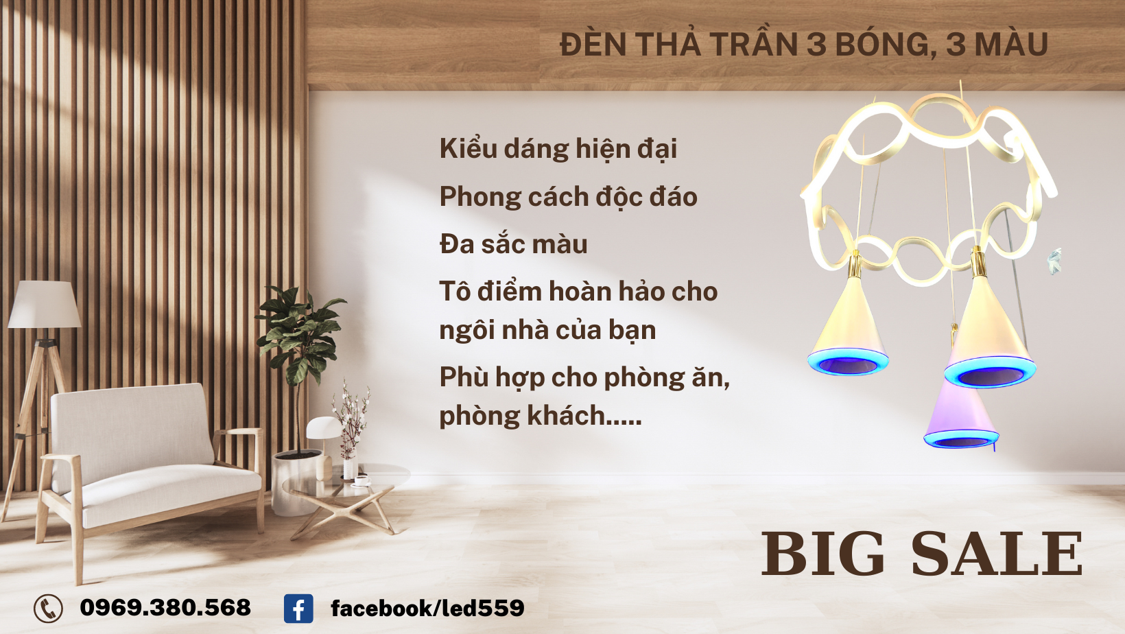 Đèn LED thả trần 3 bóng đa màu