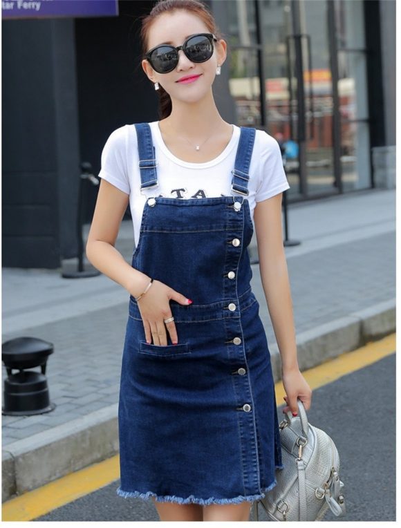 Đầm yếm jean phối hàng nút gài d662662