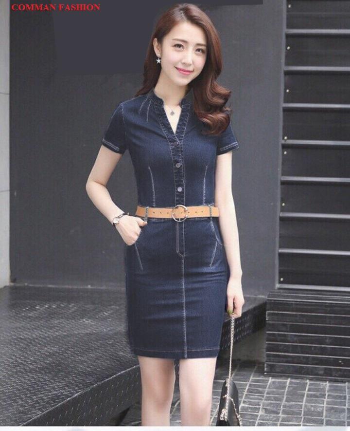 [HCM]CAO CẤP Đầm Jean Body Cổ Trụ Năng Động 3679