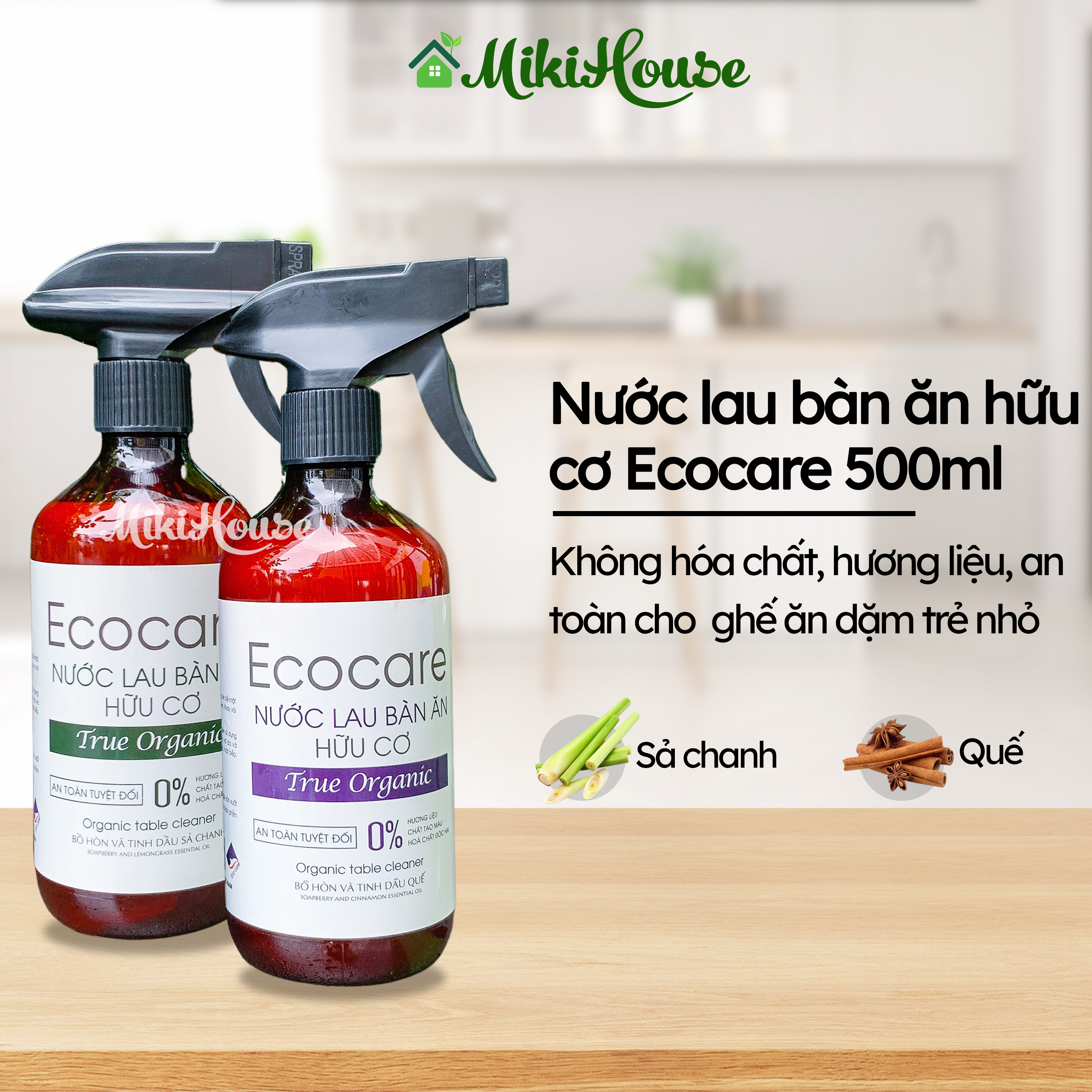 (HCM-Hỏa tốc) Nước lau bàn ăn, bếp ăn hữu cơ Sả Chanh, Quế Ecocare 500ml chiết xuất bồ hòn, sạch bong dầu mỡ, vết bẩn,an toàn cho sức khỏe gia đình