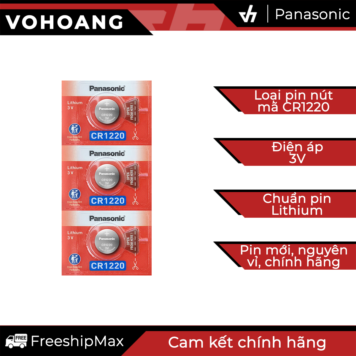 3 Pin Panasonic CR1220 dùng cho điện thoại, remote, đồng hồ, nhiệt kế, v.v…