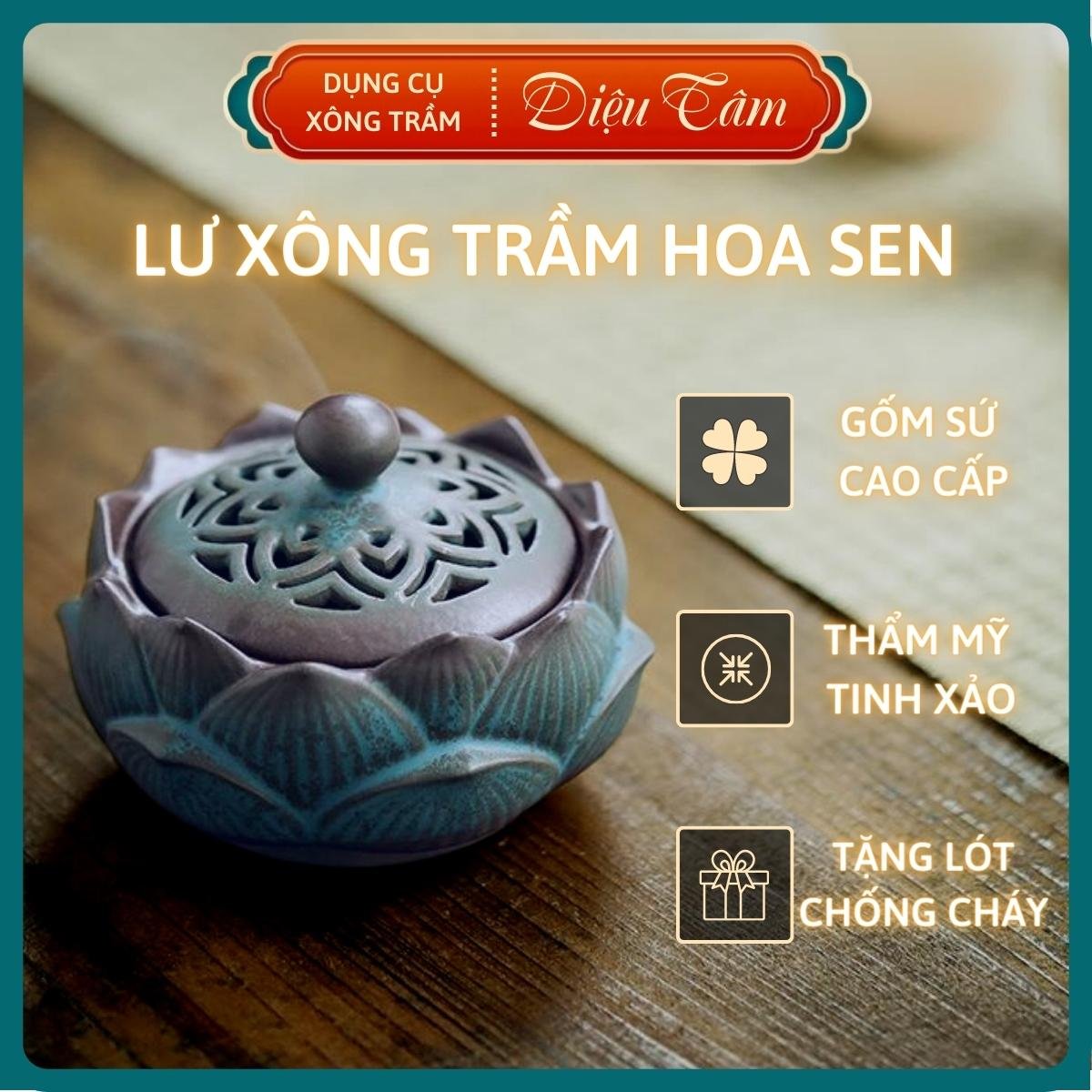 Lư xông trầm bằng gốm dùng để đốt trầm hương, nụ trầm hương, bột trầm hương, nhang vòng trầm lư gốm sen shop Diệu Tâm