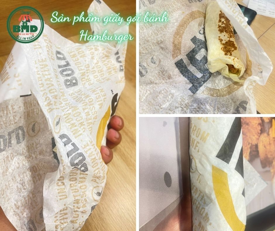 Giấy gói bánh Hamburger 30x39cm (giấy nến chống thấm dầu) in logo nhiều màu-block 100 tờ nhanh cho sự kiện 
