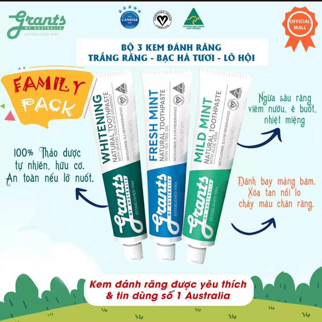 Bộ Kem đánh răng người lớn thảo dược hữu cơ Grants Of Australia 110gr