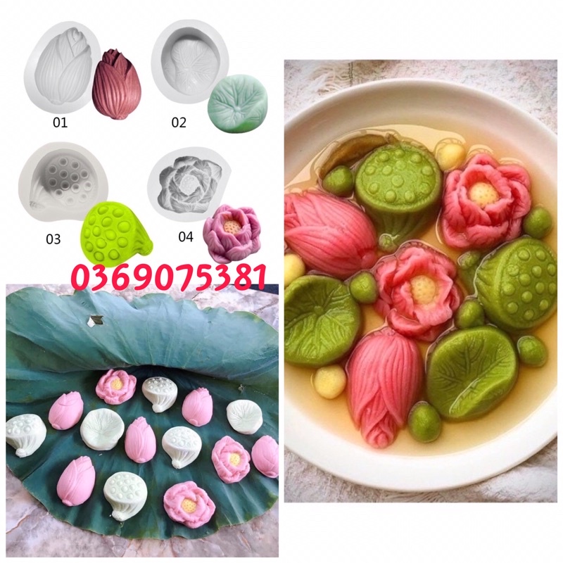 Set 4 Khuôn silicon hoa sen làm bánh trôi nước / hoa nổi hình hoa sen đẹp