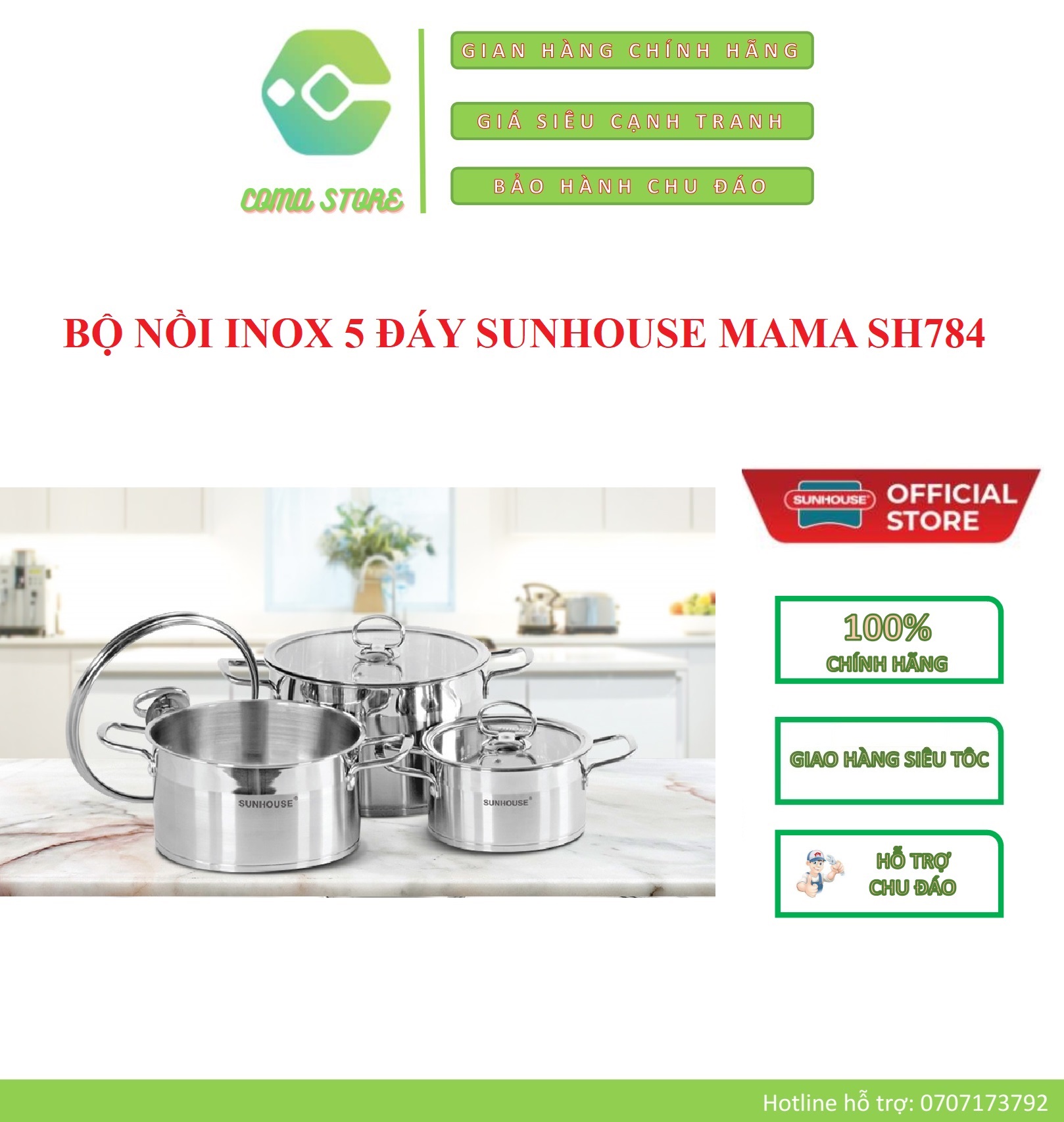 [HCM]SH784 - BỘ 3 NỒI INOX 5 ĐÁY CAO CẤP SUNHOUSE MAMA (DÙNG ĐƯỢC MỌI LOẠI BẾP) - HÀNG CHÍNH HÃNG