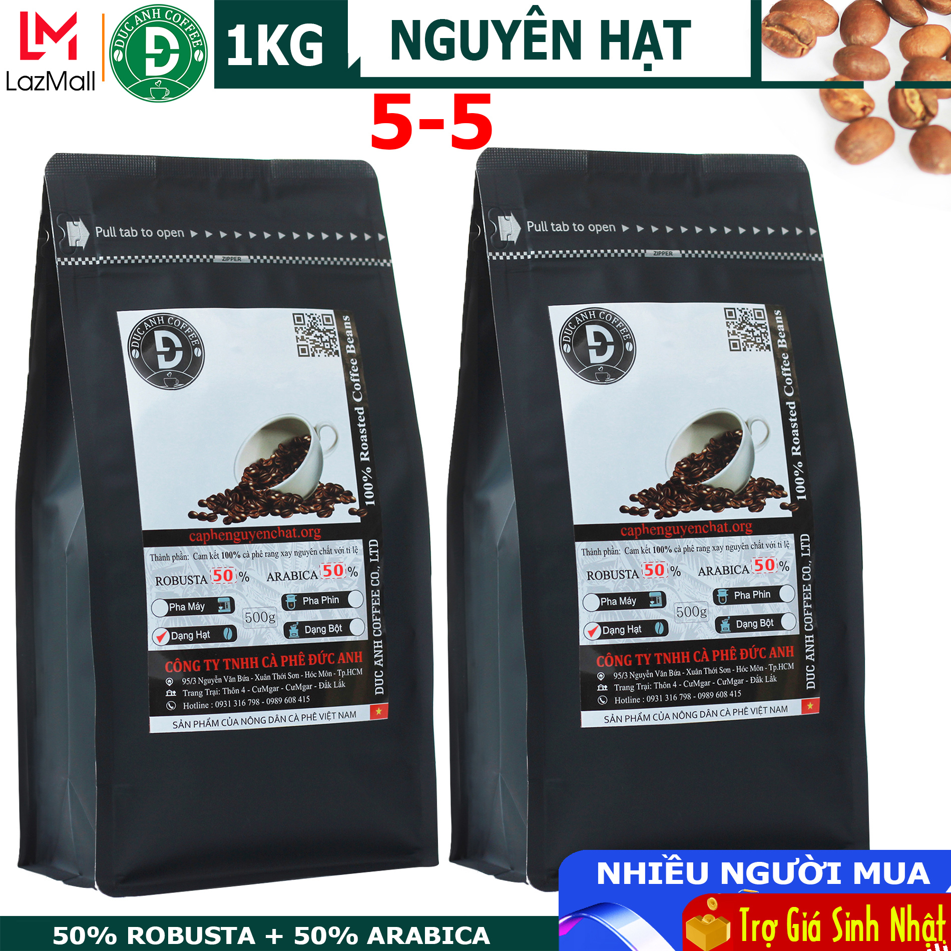 1kg cà phê Hạt Rang Mộc DUC ANH COFFEE tỷ lệ 5-5 (50% Robusta + 50% Arabica)cafe đức anh - whole bean