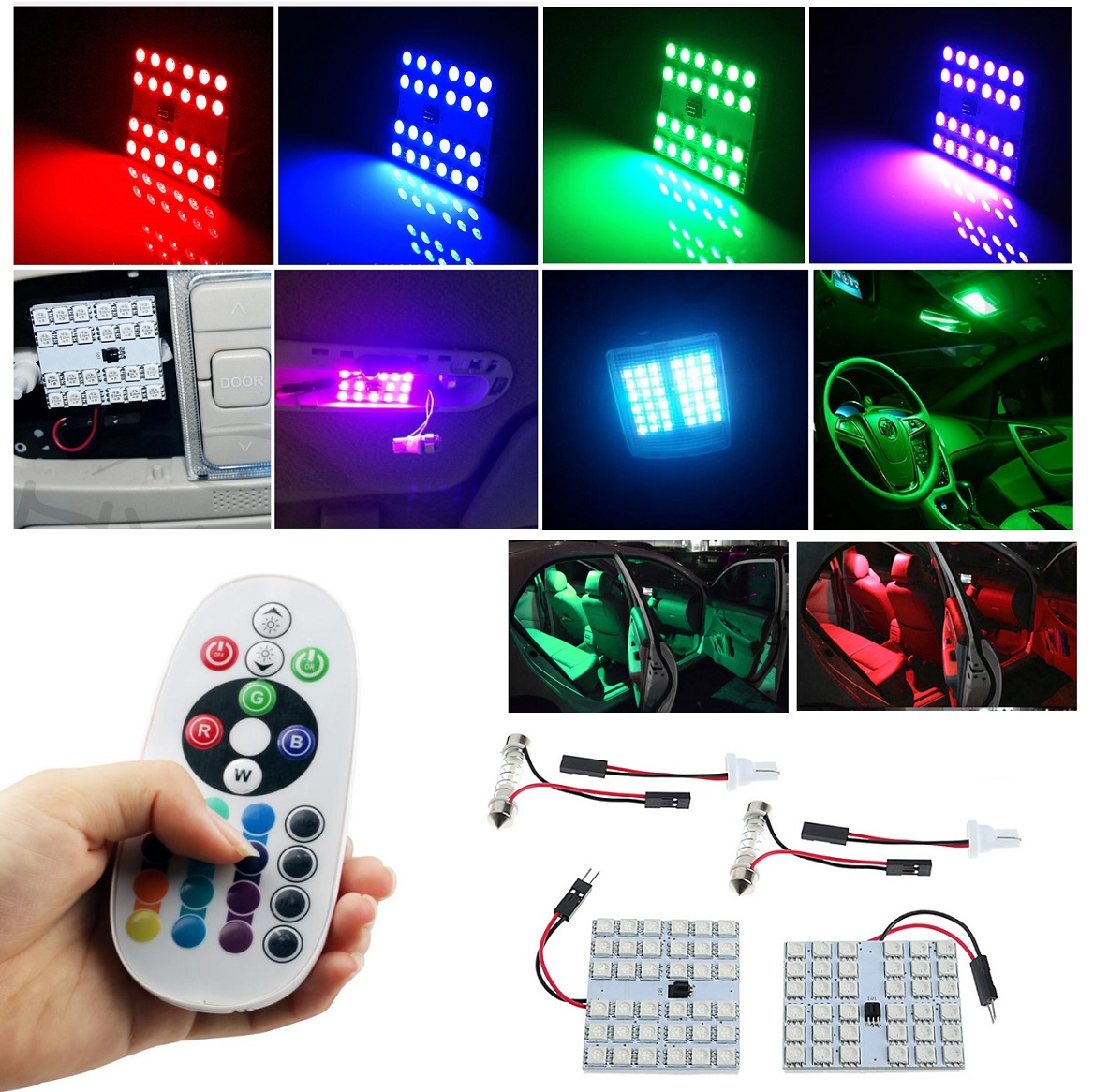 Bộ Đèn LED RGB | 2 tấm LED 36SMD 5050 T10 BA9S Festoon | Có REMODE, Chức Năng Hồng Ngoại & Chức Năng Bộ Nhớ
